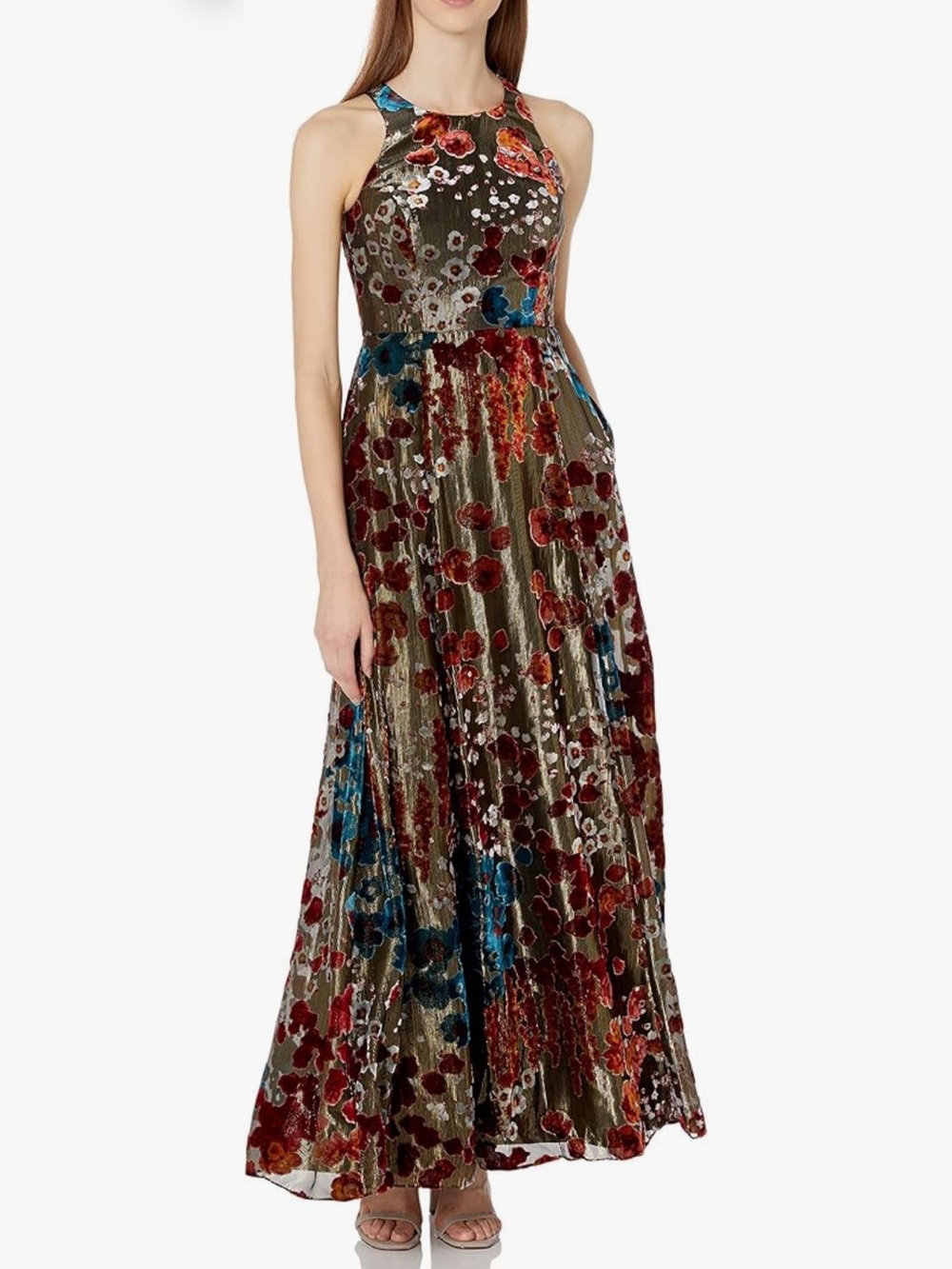 Aidan‎ Mattox Aidan Women's Metallic Burn Out Long Halter Floral Gown US Size 8
